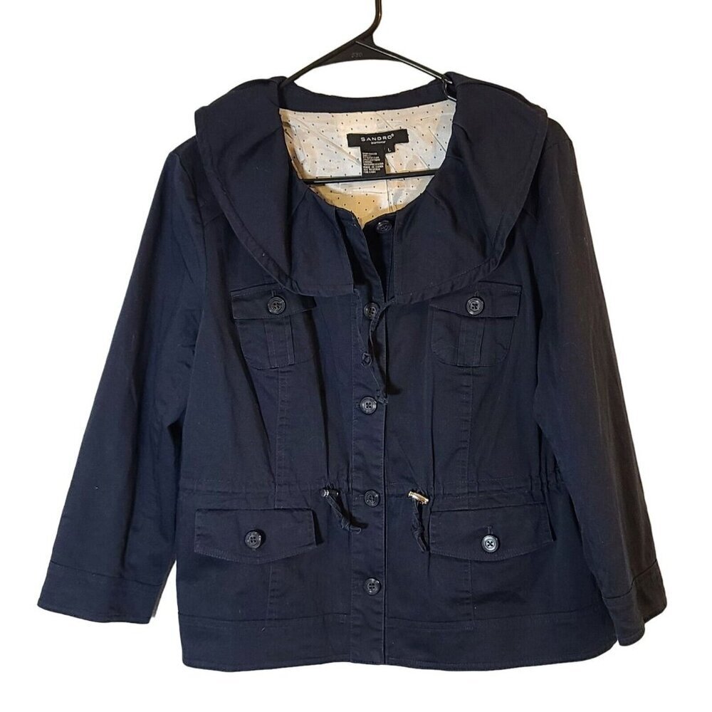 Sandro Sportswear 3/4 Sleeve Cinch Waist Cowl Neckline Cropped Jacket Navy Large